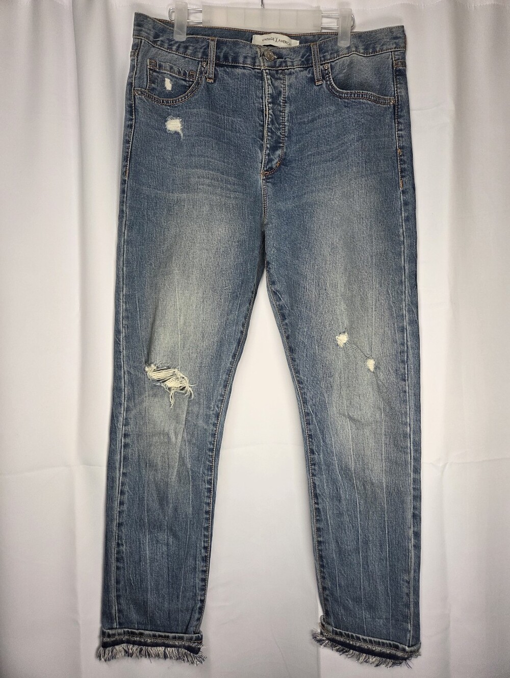Vintage America Vintage Taper Distressed Denim Blue Jeans Fringe Hem Women's 10